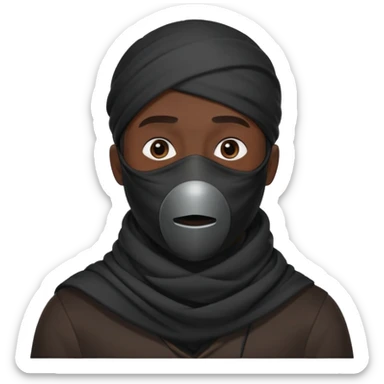 Unrevealed mysterious man in dark clothing with a dark scarf over his mouth and nose visible from the waist up sticker