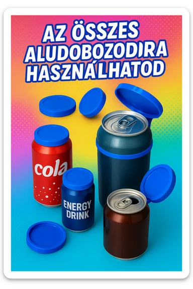Készíts a következő jellemzőkre a mellékelt fotó felhasználásával a szöveghez illő képet, 1000x600px-es méretűt, fiatalos, dinamikus, megnyerő,változatos, színes, valósághű fotók legyenek!
„Az összes aludobozodra használhatod”
Két fajta méretben gyártott kupakot minden forgalomban lévő italos aludobozodon használhatod, legyen az kicsi energiaital vagy nagyobb üdítős/sörös doboz. sticker