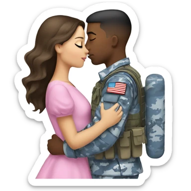 Brunette girl wearing a pink dress kissing a solider boy in blue camouflage  sticker