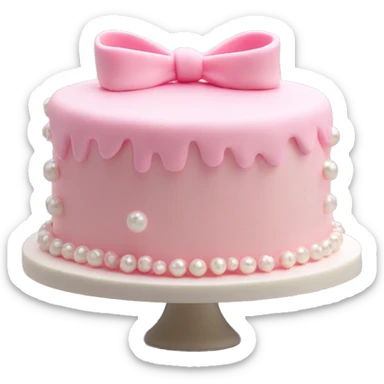 light pink cake with mini bows around it and white pearls sticker