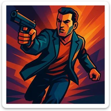 Stylized GTA character, gun in hand, dramatic lighting, action pose sticker
