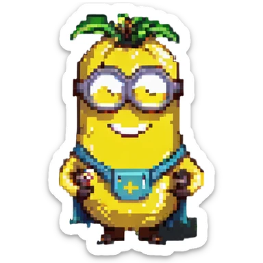 happy Minion pixel art character, holding a banana, big smile sticker