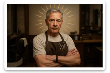 huddi shu odamni qariroq va soqolsiz tasvirlab ber o'zgartirib realistik qilib orqa fon sartaroshxona belidan sal pastroqqacha  sticker