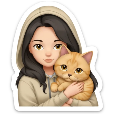  girl black balayage long hair beige hoodie cuddling a british shorthair golden cat sticker