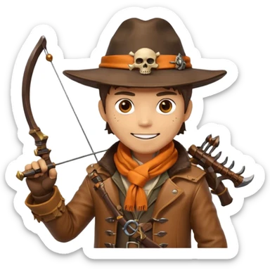 male human monster hunter emoji, wearing brown leather coat and wide hat, holding crossbow, with amulet shaped like skull, Halloween fantasy theme, confident smile, orange scarf, Apple emoji style, clean white background, square image sticker