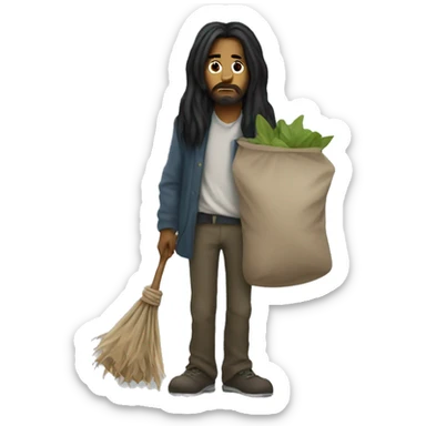 Homeless man with long straight black hair carrying a bindle sticker