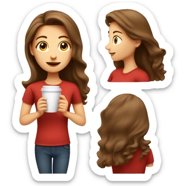 barista girl in a red t-shirt with long brown hair, with a cup of coffee in a hand sticker