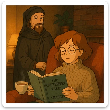 cozy scene of a person reading the Canterbury Tales and drinking tea, Chaucer in medieval attire standing behind, warm lighting sticker