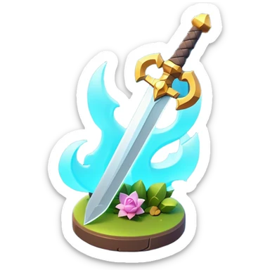 Clash of Clans aesthetic: Cinematic Playful 3D Isometric Sword Emoji, rendered in a 3D vector-style similar to standard emojis with minimal shading and bold, simplified shapes. A compact, distinct form with signature details, softly glowing with a fantasy RPG magic charm. Simplified yet unmistakably iconic, highly detailed and consistent, glowing with a soft radiance and high shine. Stylized with a touch of heroic grandeur and a soft glowing outline, capturing the essence of a beloved gaming relic with a friendly, playful manner! sticker