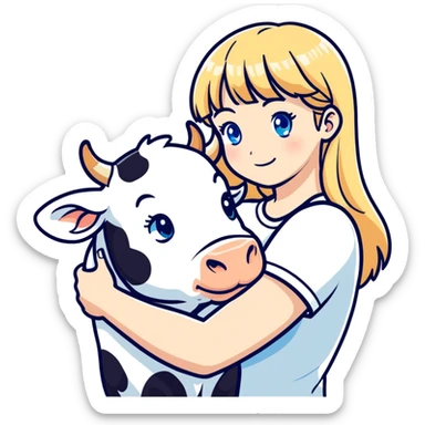 Woman whit hair long and blonde bangs in front, blue eyes, white t shirt hugging a cow sticker
