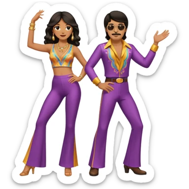 hombre y mujer bailando con ropa de disco de los 70s ambos con pantalones largos, ambos de pelo oscuro sticker
