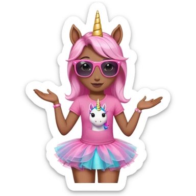 friendly anthropomorphised female unicorn in tutu and pink t-shirt, wearing dark sunglasses, standard pose, head and shoulders portrait sticker