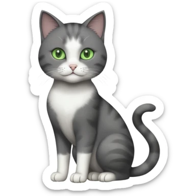 full body view of beautiful female solid dark grey cat with green eyes, grey face, white toes and white patch on chest sticker