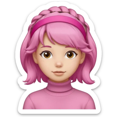 brown fluffy haired girl with pink turtleneck sweater and pink hair band sticker