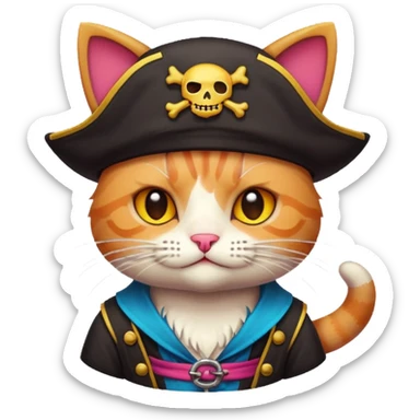 Cute 32-bit pixel art emoji, cat, pirate theme, vibrant colors, clean edges, Japanese kawaii aesthetic, game asset style, isolated on white --v 6.0 sticker