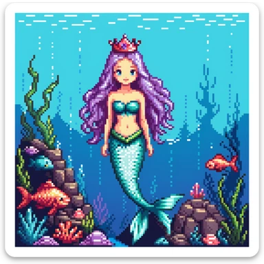 Dark brown skin mermaid princess with crown and shimmering tail in underwater kingdom sticker