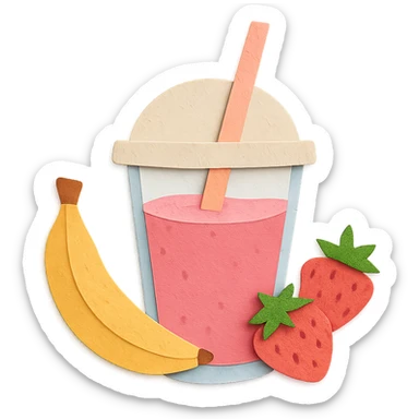 paper craft style protein shake with banana and strawberries around sticker