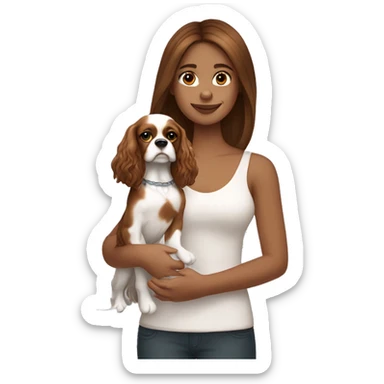 white girl , brown straight medium hair, holding happy king charles spaniel  sticker