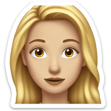 Woman with light brown hair and blue eyes and long (but not unnaturally long) eyelashes with gold necklaces on sticker