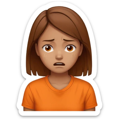 25 year old woman in orange shirt, she looks like she is in pain. She has brown hair sticker