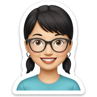 filipino woman black hair in pony tail with straight bangs and big glasses 50 yr old sticker