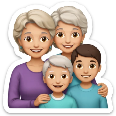 two kids (1 boy and 1 girl) with their mother and grand mother smiling sticker