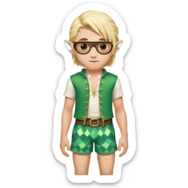 elf male legolas portrait, patterned board shorts (geometric/abstract), unique wooden-framed sunglasses, undercut hairstyle, slight smirk, visible pointy ears, no background, centered emoji, hipster summer vibe sticker