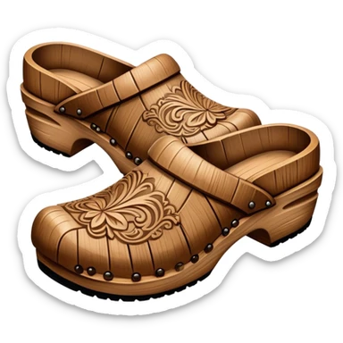 Cinematic Realistic Wooden Clogs Emoji, depicted as a pair of traditionally carved weathered wooden clogs with intricate details and rustic charm, rendered with rich textures and warm natural lighting that captures their cultural heritage. sticker
