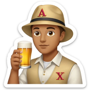 Guy drinking beer and being frat with fitted hat and delta chi letters sticker