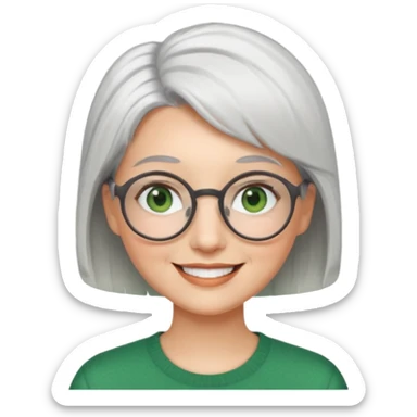 visage femme a lunettes ronde avec cheveux courts gris-blancs aux yeux verts qui souris sticker