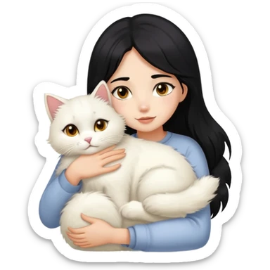 Black hair girl with fair skin, brown eyed hugging her pet cat with 5-6kg fluffy long white fur and golden black eyes  sticker