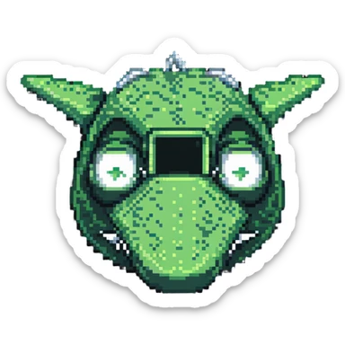 crocodile head as airplane nose, green and silver, pixel art style sticker