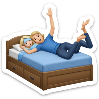 A bed with a girl laying down south and a man putting his hand up. sticker