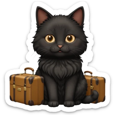 Black fluffy cat with suitcase in sunny place sticker