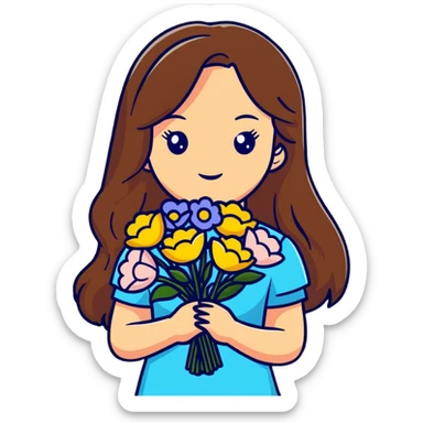 cool girl with long brown hair and fair skin holding a bouquet of flowers, stylish sticker