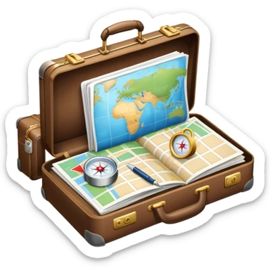 An icon featuring a suitcase, hotel building, symbolizing the scientific study of tourism and hospitality. The design includes a map, a compass, and a checklist, representing travel planning and service management. Transparent background highlights the academic exploration of the tourism industry. sticker