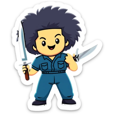 wild savage person in 1988 retro outfit with big hair, holding knife, evil laughing expression sticker