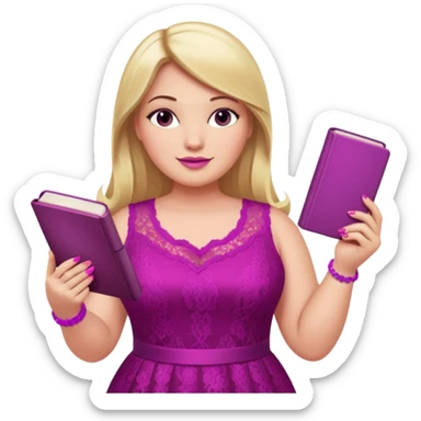 A plus-size white woman with long, straight blonde hair is wearing a magenta lace sleeveless dress. She is standing with magenta nail polish and holding a book and a crayon.. sticker