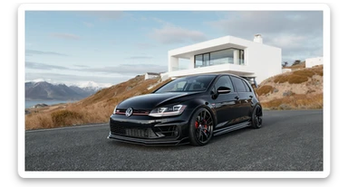 black Golf A4 with bodykit, in background is modern huge two flors white villa, in distance are iceland mountains, rule of thirds, shot on gopro hero, noise camera sticker