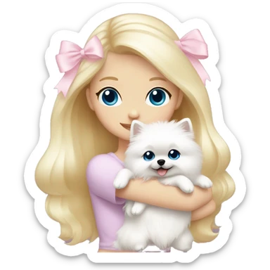 Blond girl white skin blue eyes hugging white Pomeranian with light pink bow sticker