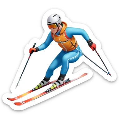 An icon featuring a skier racing down a snow-covered slope, surrounded by snowy peaks and pine trees. The design includes ski poles, bright winter gear, and dynamic motion lines, capturing the thrill and speed of alpine skiing. Transparent background sticker