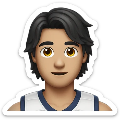 a 17-year-old boy with long, dark hair cut in a bob", with a black sports bandage on his forehead. Light mustache on his face  sticker