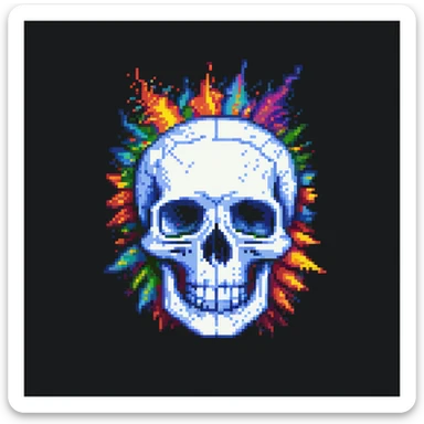 pixel art style exploding skull with bright colors and retro effect sticker