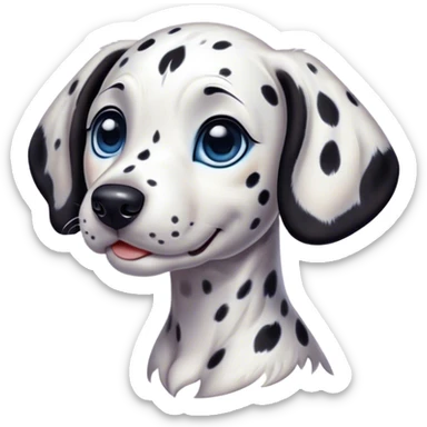 Cinematic Cute Spotted Dalmatian Portrait Emoji, Head tilted playfully and inquisitively, featuring a glossy Fur of predominantly white with dynamic black patches, round, sparkling blue eyes filled with gentle curiosity, Simplified yet irresistibly adorable features, highly detailed, glowing with a warm, friendly glow, high shine, affectionate and gentle, stylized with a touch of whimsy, bright and endearing, soft glowing outline, capturing the essence of a mischievous yet loving pup, so playful it feels like it could lumber out of the screen and into your arms! sticker