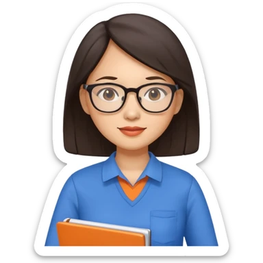 An asian brunette woman teacher with papers and laptop wearing glasses in blue and orange shirt sticker