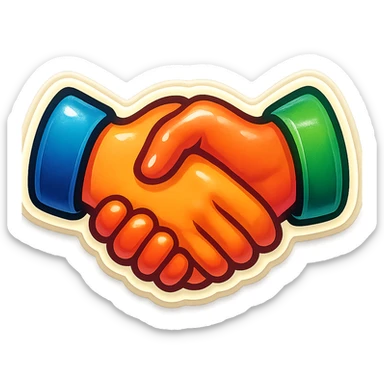 A friendly handshake in retro stickers style, with two friends shaking hands and bright colors sticker