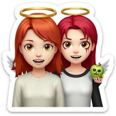 девушка ангел с нимбом и крыльями, с рыжими прямыми волосами по плечи, с улыбкой, стоит рядом с девушка зомби с темными длинными прямыми золосами, со злым выражением лица и ровными белыми зубами в стиле Apple avatar sticker