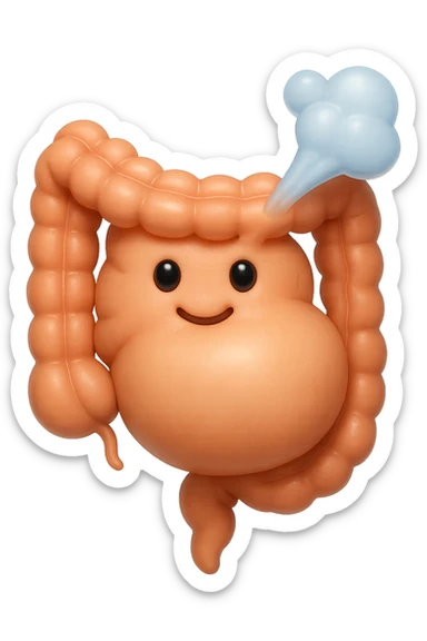emoji stile iphone di un intestino che ingoia una nuvoletta di aria ben visibile e gli si gonfia la pancia, non fargli il naso, iperrealistico 4k sticker