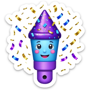 Emoji with glowing confetti popper, purple and blue colors emitting confetti and glitter, creating a bright festive atmosphere sticker