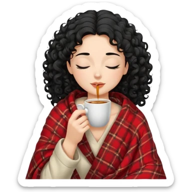 Gözleri kapalı, beyaz tenli ve kıvırcık siyah saçlı saç boyu orta omuzlarında bir kadın avatar, battaniyeye sarılmış halde beyaz bir Türk kahvesi fincanından içeceğini huzurla yudumluyor. sticker